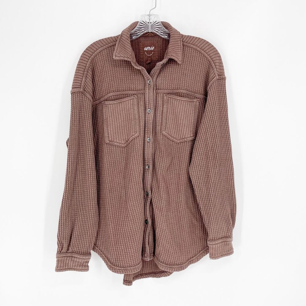 Aerie Women's Brown Oversized Waffle Knit Button-Up Sweatshirt XS